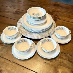 VTG 19pc Crooksville China Co Blue Roses USA 740 MCM Dish Set Plates Bowls Cups